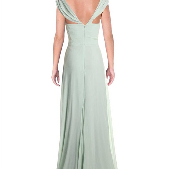 Sequin Hearts Women's Sage Green Off Shoulder Sleeve Chiffon Gown sz Jr's 1 - Picture 2 of 7